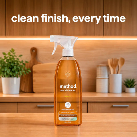 Daily Wood Cleaner Spray With Warm Almond Essence Knocks Out Stubborn Dust And Kitchen Grit While Skipping The Greasy Baggage Before It Sets In On Your Favorite Cabinetry And Hardwood in a kitchen setting.