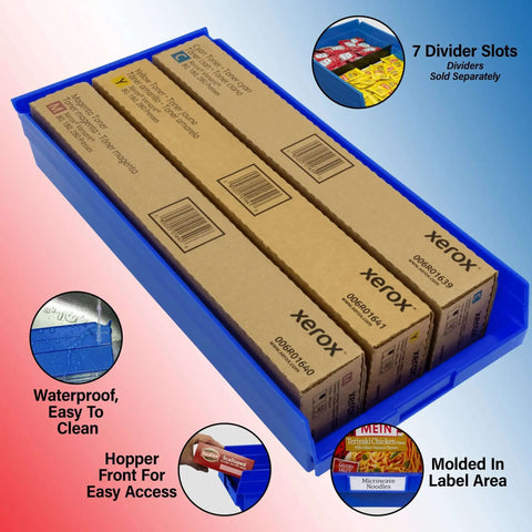 Heavy Duty Shelf Bins For Garage And Closet Organization, Built To Last Plastic Storage Bins Great For Drawers And Cabinets, 24 Inch By 11 Inch By 4 Inch, Blue, Set Of 6 For Versatile Under Sink And Shelf Storage shown with packaging