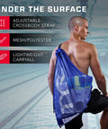 Man carrying Alliance Mesh Equipment Bag For Swim Gear And Gym Essentials, breathable quick dry mesh backpack, blue