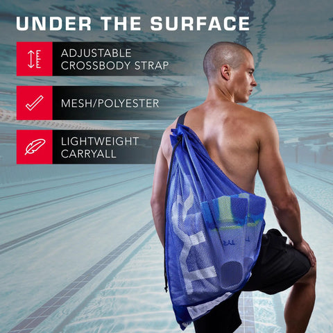 Man carrying Alliance Mesh Equipment Bag For Swim Gear And Gym Essentials, breathable quick dry mesh backpack, blue
