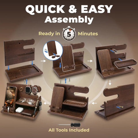 Solid Wood Phone Docking Station And Organizer For Men assembly steps, bourbon brown finish, includes tools, quick setup