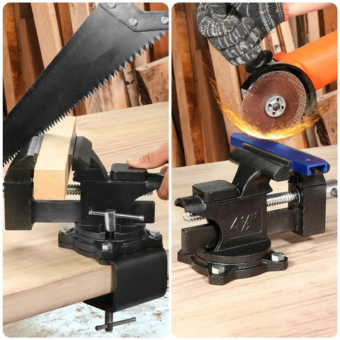 Beefy Heavy Duty Bench Vise Four And A Half Inch Table Vise With Two In One Soft Jaws And A 270 Degree Swivel Base For Woodworking Home Workshop Welding And DIY Projects Clamps To Table Or Attaches To Your Workbench, clamped to wood and grinding metal