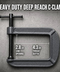 Beefy Heavy Duty Deep Reach C Clamp For Welding And Woodworking Extra Deep Throat Reach Four Point Three Inch And Two Point Eight Inch Jaw Opening Forged Steel G Clamp With Trapezoidal Thread And Swivel Pad For DIY Craft Projects, 2.8 in jaw opening