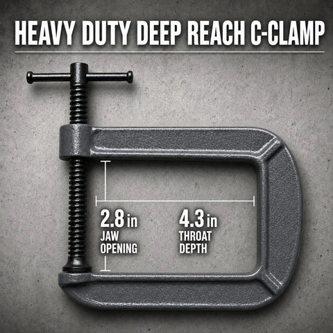 Beefy Heavy Duty Deep Reach C Clamp For Welding And Woodworking Extra Deep Throat Reach Four Point Three Inch And Two Point Eight Inch Jaw Opening Forged Steel G Clamp With Trapezoidal Thread And Swivel Pad For DIY Craft Projects, 2.8 in jaw opening
