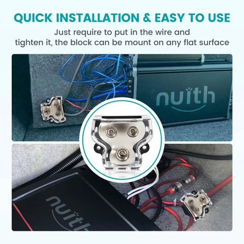 Two Way Power And Ground Distribution Block For Car Audio Zine Alloy In 0/2/4 Gauge And Out 4/8 Gauge Two Channel Amplifier Splitter Heavy Duty Grounding And Power Hub For Easy Install 1 Piece installed in car audio wiring