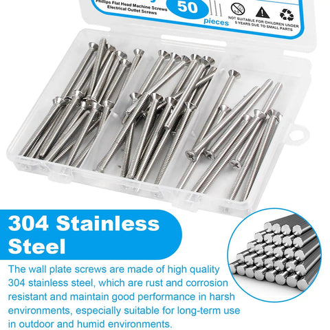 Top Notch 50 Piece 6 32 Machine Screw Knockout Pack With One Half Two Or One Three Quarter Inch Sizes For Outlet Box Mounting showing 304 stainless steel screws.