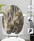Elongated Misty Mountain Waterfall Landscape Chinoiserie Toilet Seat with metal link and easy installation features.