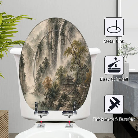 Elongated Misty Mountain Waterfall Landscape Chinoiserie Toilet Seat with metal link and easy installation features.