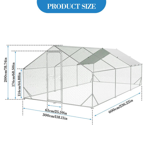 Diagram of Beefy Heavy Duty Metal Chicken Coop Walk In Run With Waterproof UV Resistant Cover Durable Spacious Nineteen Point Seven Feet