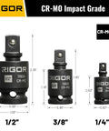 Three Piece Universal Joint Socket Adapter Set For Auto Repairs with 1/4, 3/8, 1/2 inch drives on display with dimensions