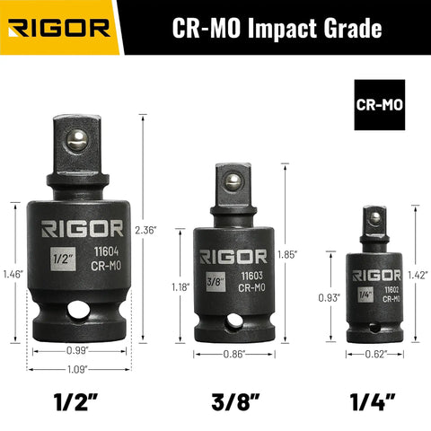 Three Piece Universal Joint Socket Adapter Set For Auto Repairs with 1/4, 3/8, 1/2 inch drives on display with dimensions