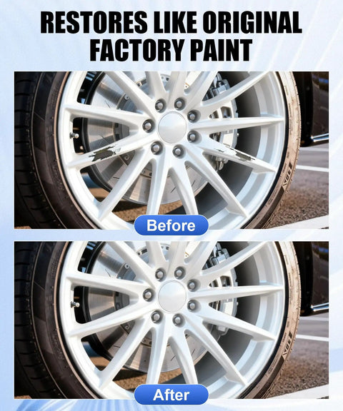 Universal Wheel Repair Kit And Rim Paint Touch Up Pen For Curb Rash Alloy Wheel Scratch Fix Water Proof Sealant To Knock Out Beat Up Scuffs Real Quick Today before and after comparison of restored alloy wheel.