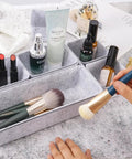 Customizable 8 Pack Felt Drawer Organizer Trays Set For Desk Drawers Shallow Modular Storage Bins For Office Supplies Makeup And Jewelry In Light Gray Mix And Match To Fit Any Drawer Like A Pro holding makeup items.