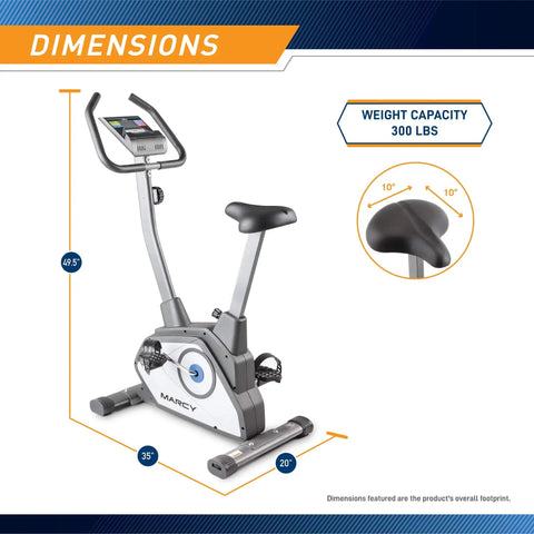 Magnetic Upright Bike With 8 Resistance Levels NS-40504U Grey showing dimensions, sturdy steel frame, adjustable seat