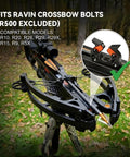 Aluminum Arrow Rest for Ravin Crossbows, Rifle-Grade Precision and Stability, not for R500, with crossbow bolt and forest.