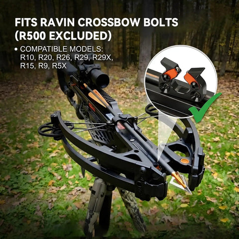 Aluminum Arrow Rest for Ravin Crossbows, Rifle-Grade Precision and Stability, not for R500, with crossbow bolt and forest.
