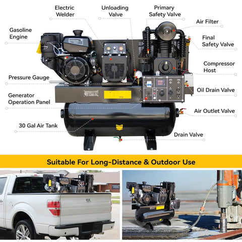 Get This Badass 3-in-1 MutsMover Gas Powered Air Compressor Generator And Welder. With A Massive 15HP Engine, 30 Gallon ASME Tank, And 19 CFM Flow, It Packs 6000W Power For Heavy Duty Job Sites. Perfect For Truck Mounted Industrial Use Or Remote