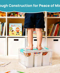 Child standing on 24 Quart Clear Plastic Craft Organizer With Six Detachable Inserts For Art Supplies And Tools, sturdy build for safety.