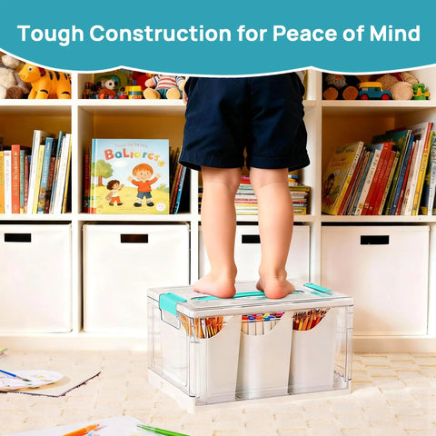 Child standing on 24 Quart Clear Plastic Craft Organizer With Six Detachable Inserts For Art Supplies And Tools, sturdy build for safety.
