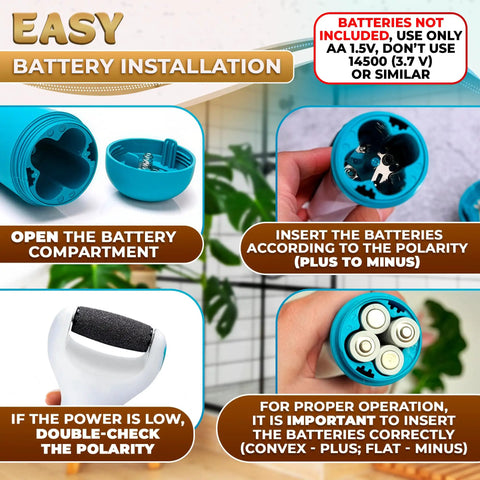 Battery Powered Foot Callus Remover installation showing battery compartment and battery insertion steps.