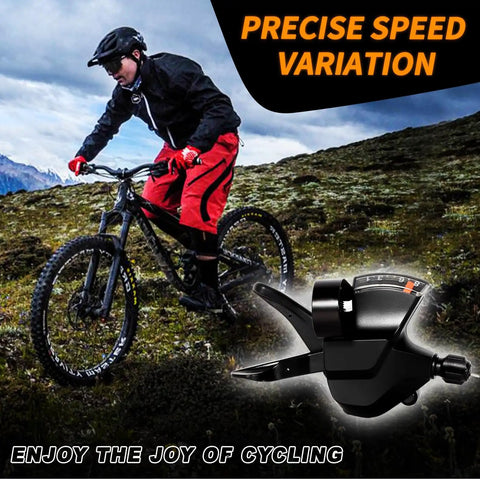 Cyclist riding mountain bike with focus on 8 Speed MTB Right Shifter Lever With Optical Gear Display, ergonomic grip visible