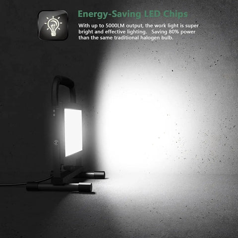 Beast Bright 50W LED Work Light With 5000LM Output, 400W Equivalent Flood Light, IP66 Waterproof, 16Ft Cord, adjustable beam shown lit
