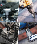 Collage showing Bolt Extractor Set, 15 Piece Easy Out Bolt Kit in use removing rusted and stripped nuts with drill attachments