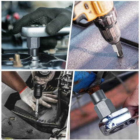 Collage showing Bolt Extractor Set, 15 Piece Easy Out Bolt Kit in use removing rusted and stripped nuts with drill attachments
