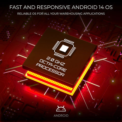 Octa-core processor highlighting Android 14 OS capability for fast warehousing applications on circuit board