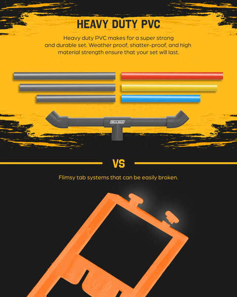 Comparison of heavy duty PVC used in Drone Obstacle Course Kit for RC FPV Racing and a flimsy tab system.