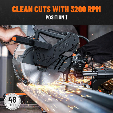 Slick 10 Inch Dual Bevel Sliding Compound Miter Saw With A Hella Beefy 15 Amp Motor And Smooth Gliding Rail System for precise cutting. Sparks flying.