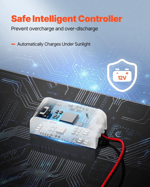 Close-up of smart controller for Go-To 20W 12V Solar Panel Battery Charger And Trickle Maintainer on circuit board background.