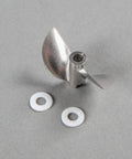 RC Boat Propeller 1.73 By 1.6 For 3 16 Shaft PRB282055 Replacement Part Multicolor Finish next to two washers on gray surface