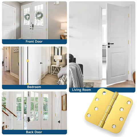 Three Pack Four Inch Exterior Door Hinges Brushed Gold With Five Eighths Inch Radius Corners Removable Pin Heavy Duty for various doors