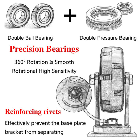 Close-up of double ball and pressure bearings showing precision, smooth rotation and reinforcing rivets for Four Pack Heavy Duty Swivel Casters With Locking Brakes And Solid Rubber Wheels Featuring Dual Ball Bearings For Smooth Operation On Steel Plates Built Like Tanks For Garage Loads Without Breaking A Sweat.