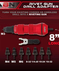 Pneumatic Rivet Gun Drill Adapter 8-inch red with 8 nosepieces, showing M3 to 10-32 types for aluminum and steel rivets.
