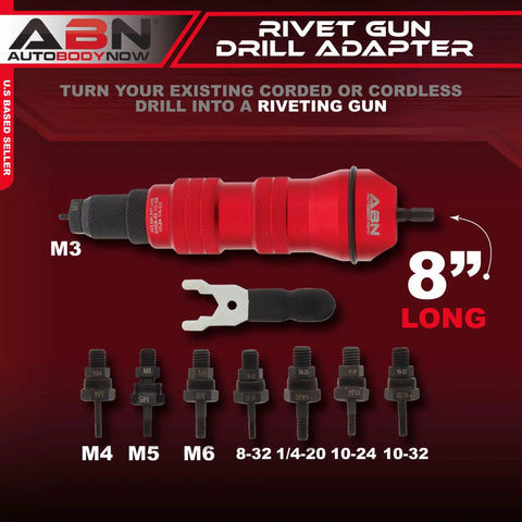 Pneumatic Rivet Gun Drill Adapter 8-inch red with 8 nosepieces, showing M3 to 10-32 types for aluminum and steel rivets.