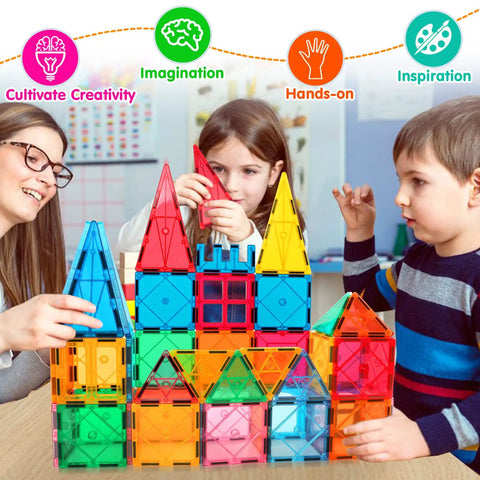 Children building with Magnetic Tiles Building Blocks For Kids Ages Three To Eight Kid Friendly Colorful Magnetic Stacking Toys STEM Set
