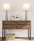Set Of 2 30 Inch Table Lamps With Hammered Glass Bases, Modern Silver Finish, on wooden console, for Bedroom, Living Room