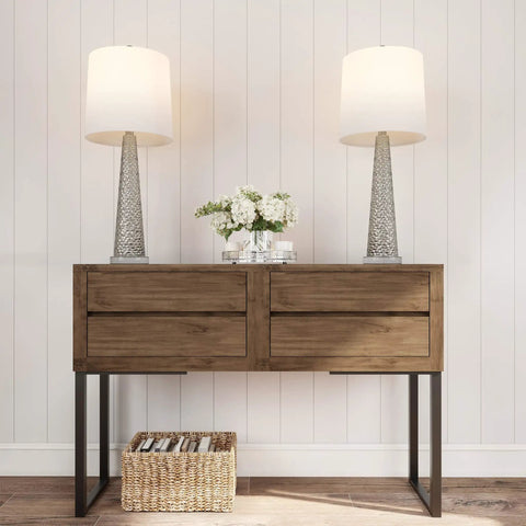 Set Of 2 30 Inch Table Lamps With Hammered Glass Bases, Modern Silver Finish, on wooden console, for Bedroom, Living Room