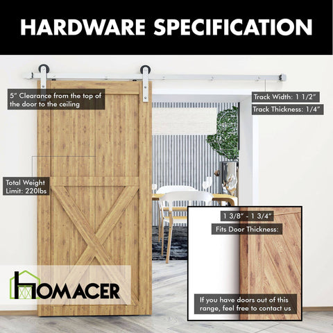 Brushed Nickel Sliding Barn Door Hardware Kit For One Door, 7 Foot Flat Track System With Beefy Straight Rollers, shown installed