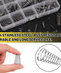 Close-up of 148 Piece Stainless Steel Conical Spring Set With 3 Styles And 15 Sizes, shown in organizer box