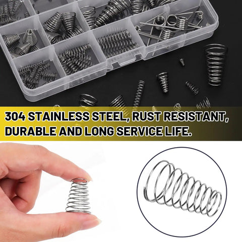Close-up of 148 Piece Stainless Steel Conical Spring Set With 3 Styles And 15 Sizes, shown in organizer box