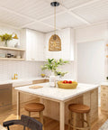 Boho Rattan Pendant Light Fixture With 72in Golden Cotton Cord Handwoven Hanging Lamp For Kitchen Island And Living Room