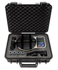 Digital Cap Torque Tester With 5 Newton Meter Capacity, All Metal Body, Graphic LCD Screen, Menu Driven Interface, Universal 100 to 240 Volts AC, Holds Bottles And Jars From 12 To 160 Millimeters, Built For Real World Pro Grade Cap Tightening Tests. open case with digital torque tester and accessories