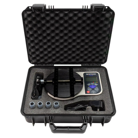 Digital Cap Torque Tester With 5 Newton Meter Capacity, All Metal Body, Graphic LCD Screen, Menu Driven Interface, Universal 100 to 240 Volts AC, Holds Bottles And Jars From 12 To 160 Millimeters, Built For Real World Pro Grade Cap Tightening Tests. open case with digital torque tester and accessories