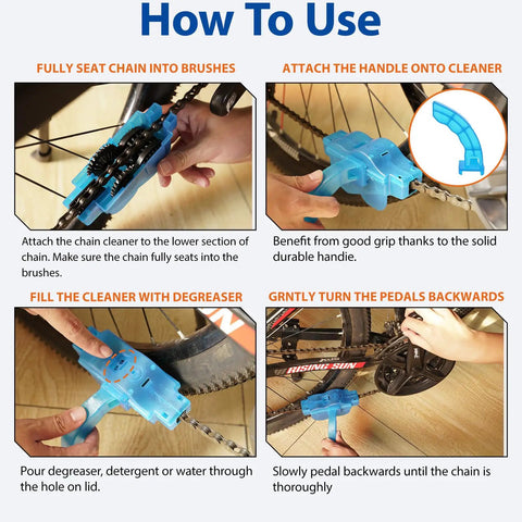 Step-by-step guide using Must Have Ultimate Chain Cleaner Kit For Bikes With Scrubber Brushes and Gear Scraper Detail Brush.