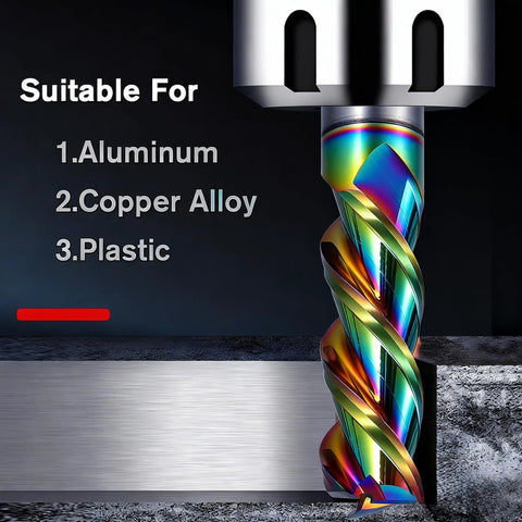Carbide Square End Mill For Aluminum With Half Inch Diameter And Shank, 3 Inch Overall Length, 3 Flutes, DLC Rainbow Coating