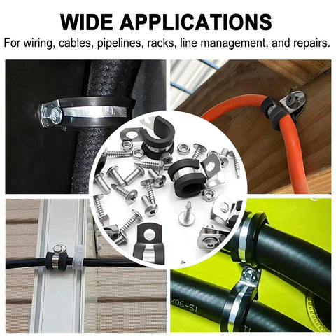 575 Piece Stainless Steel Cable Clamps Kit With Rubber Cushions And Screws Washers And Bit 12 Sizes P Clamp Set Ranging From Three Sixteenth Inch To Two Inch Heavy Duty Wire Clamps For Marine Auto Industrial Use Must Have For Any Project. Various clamps in use on cables, pipes, and hoses.