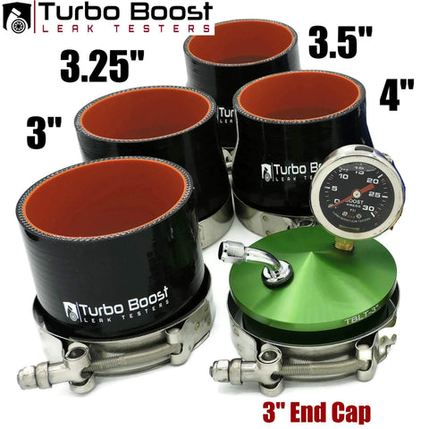 Turbo Boost Leak Tester kit with four universal intake hoses in 3-4 in sizes, green 3in end cap, and pressure gauge